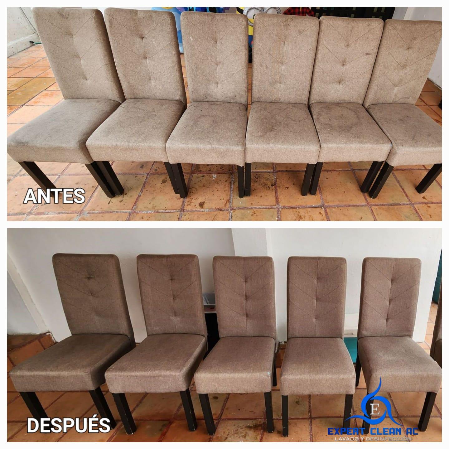 Sillas de comedor antes y después de limpieza, con tapicería visiblemente más clara.