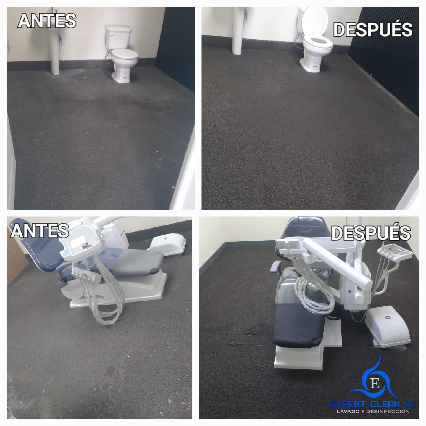 Consultorio dental antes y después de limpieza, suelo más limpio y brillante.