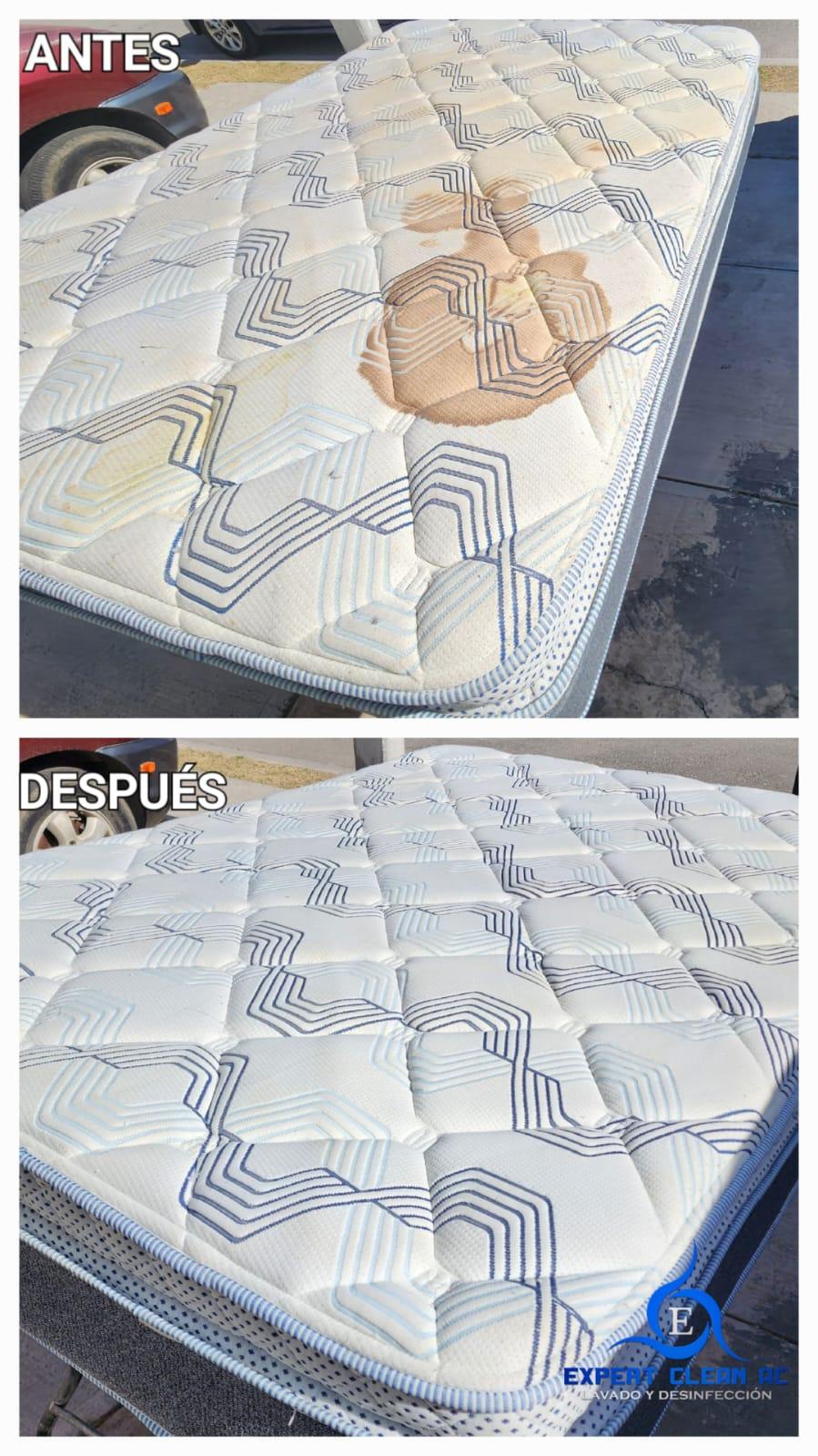 Colchón antes y después de limpieza, con manchas eliminadas.